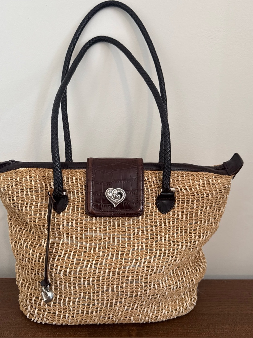 Brighton Woven Straw Tote with Brown Leather Trim and  Handles